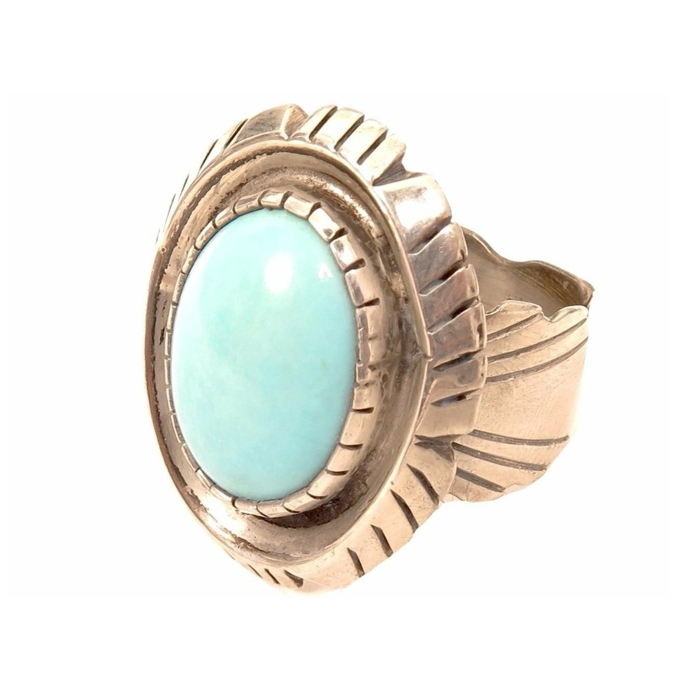 Vintage Navajo Signed Sterling TS 925 Bold Huge Turquoise‎ Native American Ring